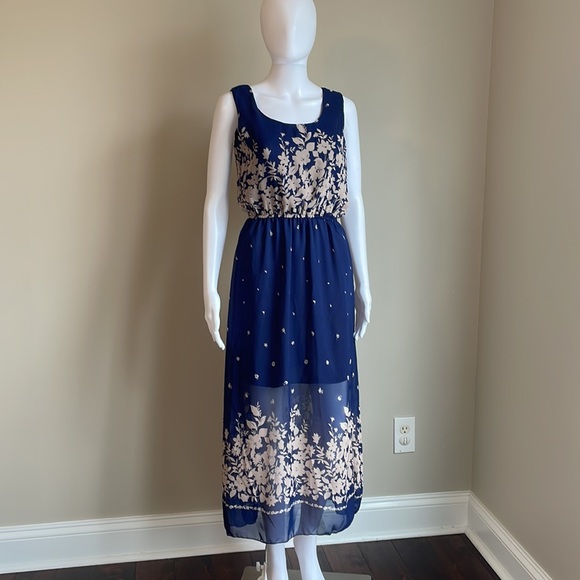 Navy Blue Shoulder-less Lightweight Floral Maxi Dress - Picture 2 of 7